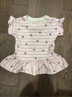 Cat & Jack White and Pink Striped Peplum Top with Blue Strawberry Accents